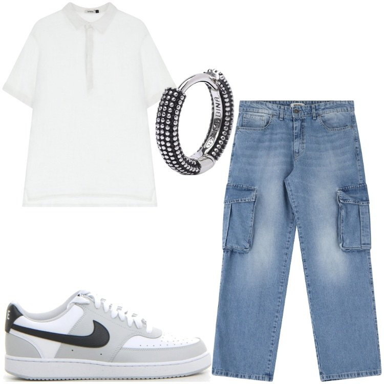 Outfit uomo - Total look #2175283. Stile Casual per Tutti i giorni. Abbinamento con orecchini, jeans, polo, sneakers.
