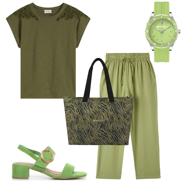 Outfit donna - Verde lime. Stile Chic per Tutti i giorni. Abbinamento con t-shirt, pantaloni, orologi, shopping bag, sandali col tacco.