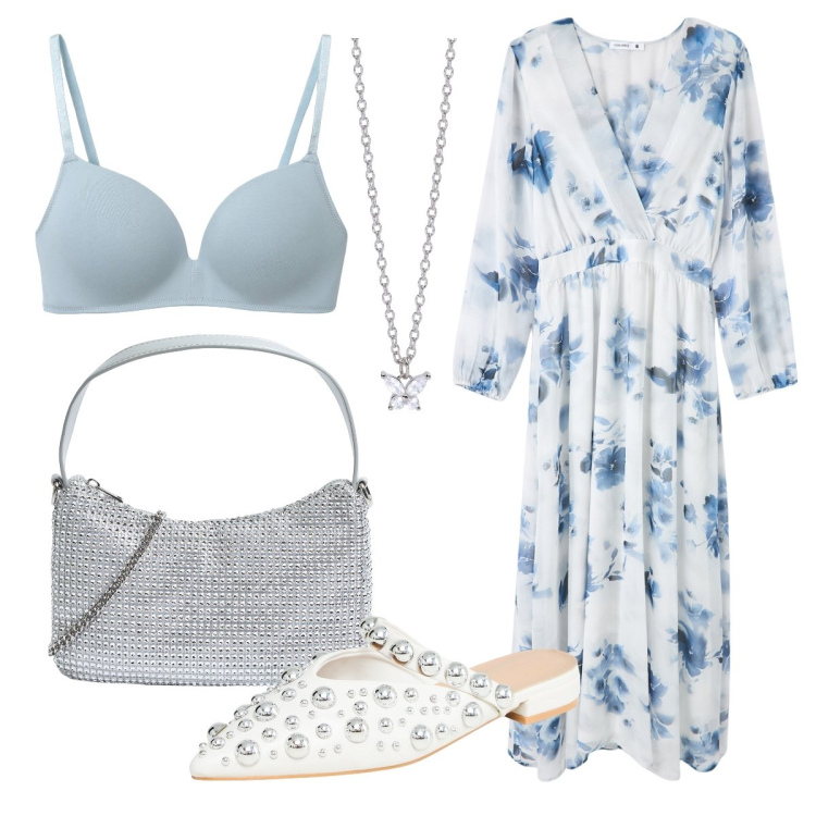Outfit donna - Fiori azzurri. Stile Bon Ton per Tutti i giorni. Abbinamento con reggiseni, ballerine, vestiti lunghi, borse a tracolla, collane.
