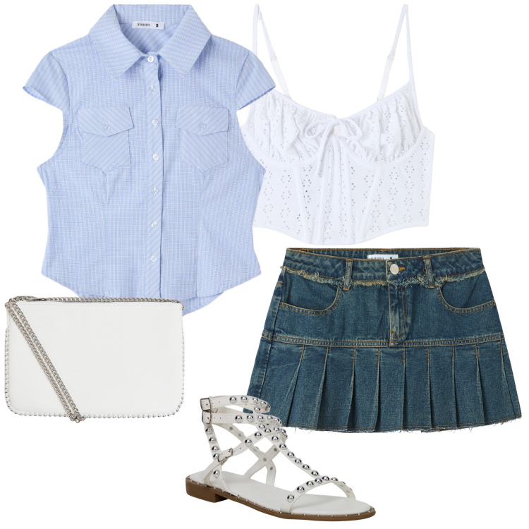 Outfit donna - Summer Terranova. Stile Casual per Tutti i giorni. Abbinamento con top, camicie a manica corta, minigonne, sandali, borse a tracolla.