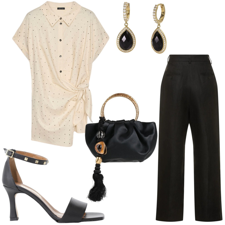 Outfit donna - Festa di compleanno. Stile Casual chic per Cerimonia. Abbinamento con borse a mano, orecchini, sandali col tacco, camicie a manica corta, pantaloni.