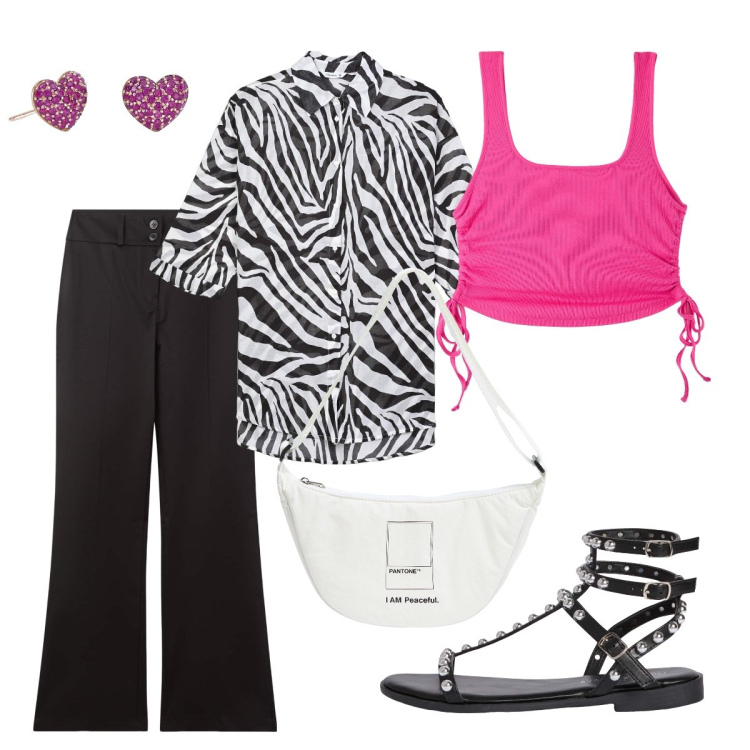 Outfit donna - Un tocco di fucsia. Stile Casual chic per Tutti i giorni. Abbinamento con camicie, marsupi, canottiere, pantaloni, sandali, orecchini.