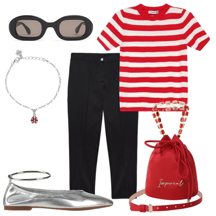 Outfit donna - La polo a righe. Stile Bon Ton per Ufficio. Abbinamento con ballerine, braccialetti con ciondoli, maglieria, borse a secchiello, pantaloni chino, occhiali da sole.