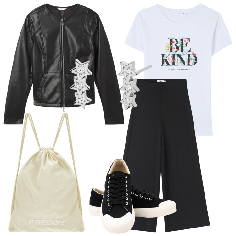 Outfit donna - Rock sotto le stelle. Stile Rock per Serata fuori. Abbinamento con pantaloni culotte, t-shirt, blazer, orecchini, zaini, sneakers.