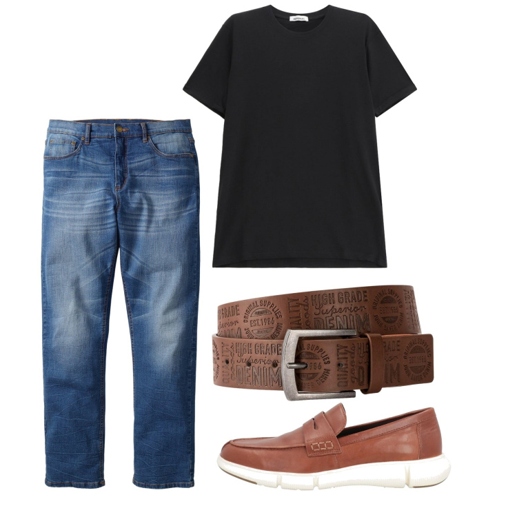 Outfit uomo - Tshirt nera. Stile Casual per Tutti i giorni. Abbinamento con jeans dritti, cinture, scarpe stringate, t-shirt.