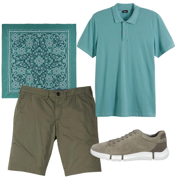Outfit uomo - Total look. Stile Casual per Tutti i giorni. Abbinamento con bermuda, polo, sneakers, sciarpe e foulard.