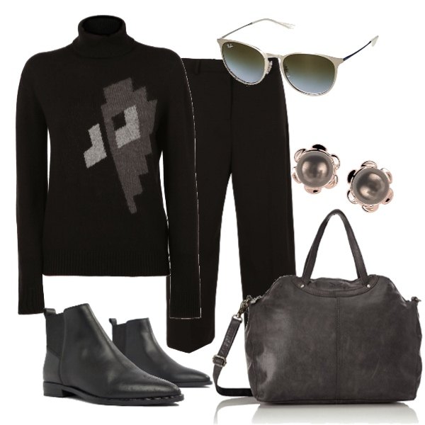 Outfit donna - Basic #20410. Stile Basic per Tutti i giorni. Abbinamento con stivaletti chelsea pianta larga, borsa a secchiello con zip nero, occhiali da sole unisex-adulto argento, pantalone wide leg crop in tessuto tecnico grigio, pullover a coste collo alto con polsini nero, orecchini in argento 925.