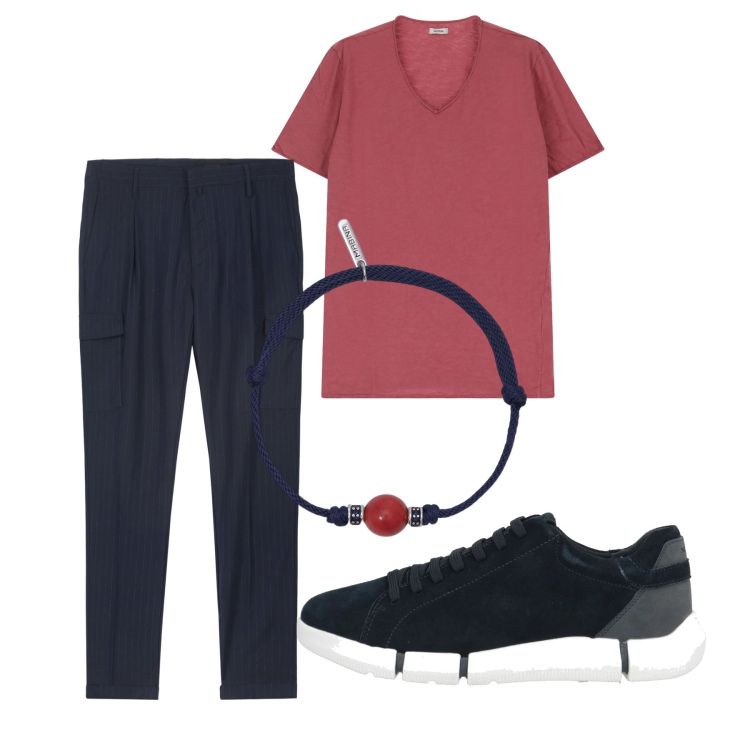 Outfit uomo - Total look. Stile Casual per Tutti i giorni. Abbinamento con sneakers, braccialetti, t-shirt, pantaloni cargo.