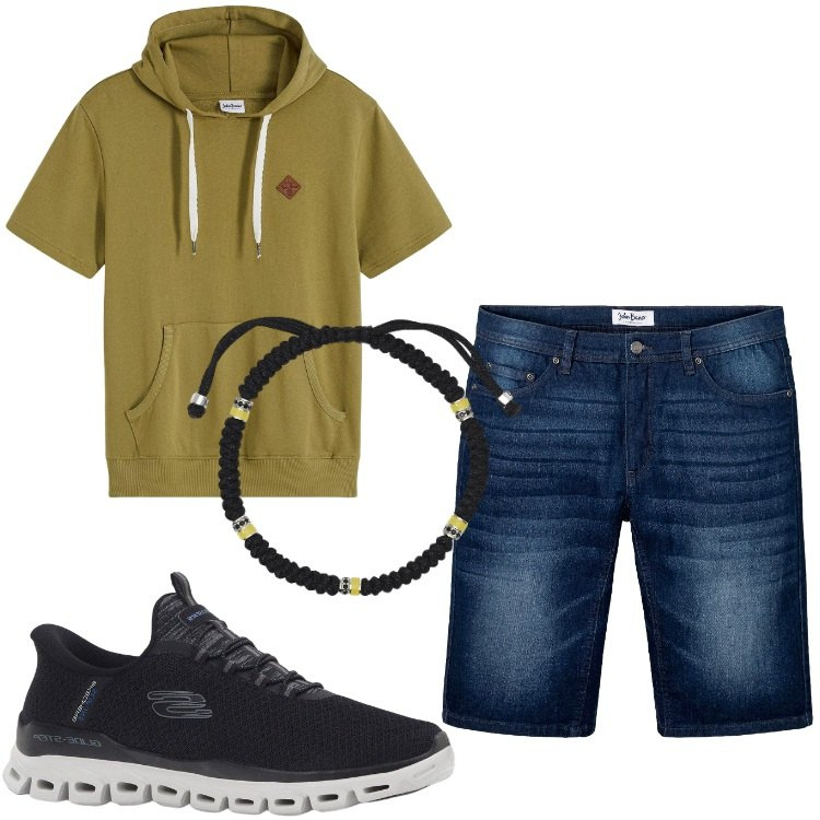 Outfit uomo - Total look #2175335. Stile Casual per Tutti i giorni. Abbinamento con sneakers, bermuda, felpe con cappuccio, braccialetti.