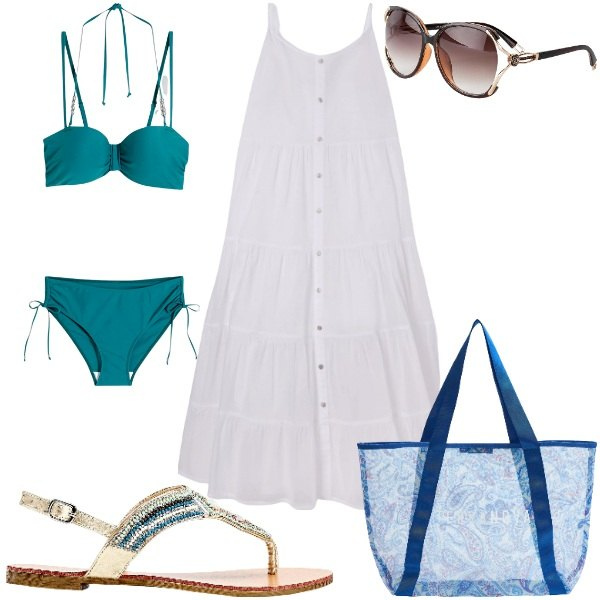 Outfit donna - Summer Outfits. Stile Casual chic per Mare. Abbinamento con bikini, occhiali da sole, ciabatte, vestiti lunghi, shopping bag.