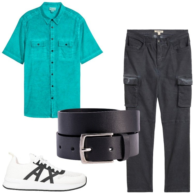 Outfit uomo - Total look #2175339. Stile Urban per Tutti i giorni. Abbinamento con pantaloni cargo, camicie a manica corta, sneakers, cinture.