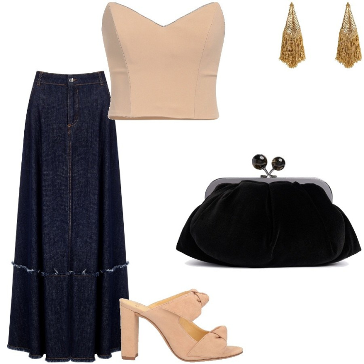 Outfit donna - Il denim di sera. Stile Casual chic per Serata fuori. Abbinamento con top, sandali in pelle, orecchini, gonne, pochette.