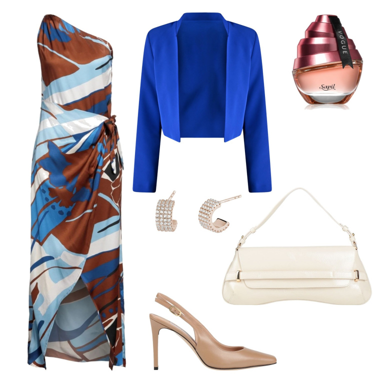 Outfit donna - Abito asimmetrico e accessori. Stile Chic per Serata fuori. Abbinamento con vestiti lunghi, borse a mano, décolleté, profumi, orecchini, bolero.