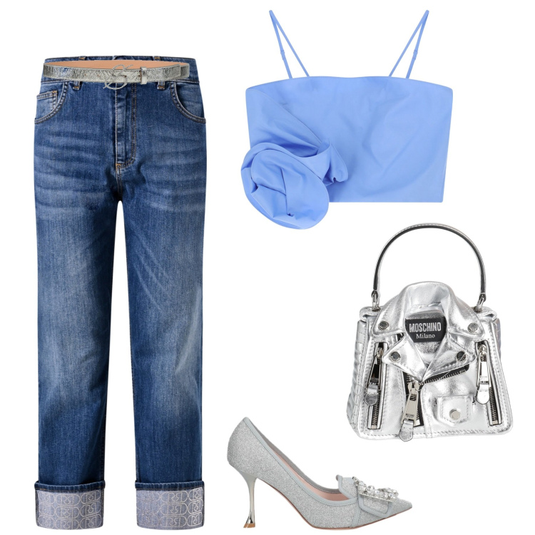 Outfit donna - Jeans e ghiaccio. Stile Casual chic per Serata fuori. Abbinamento con décolleté, borse a mano, cinture, top, jeans dritti.