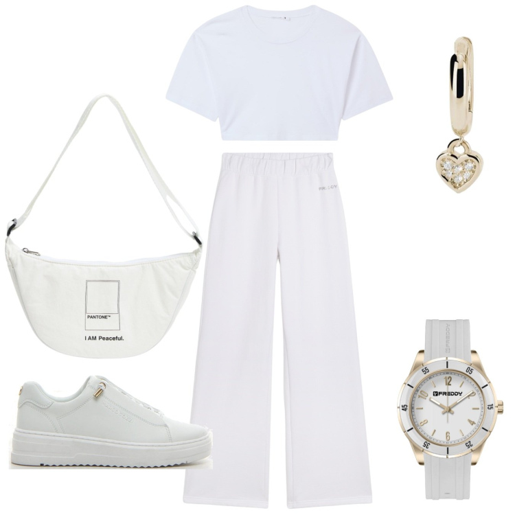 Outfit donna - Equilibrio e luce 2. Stile Casual per Tutti i giorni. Abbinamento con marsupi, t-shirt, orecchini, pantaloni, orologi, sneakers.