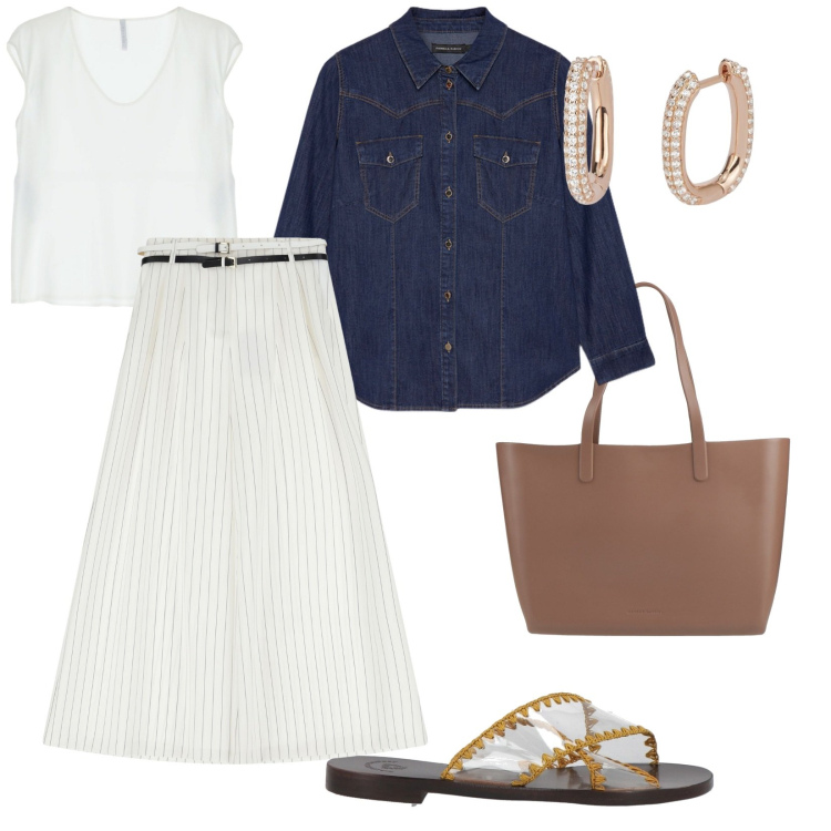 Outfit donna - In città. per Tutti i giorni. Abbinamento con borse a spalla, sandali in pelle, orecchini, pantaloni a palazzo, top, camicie.