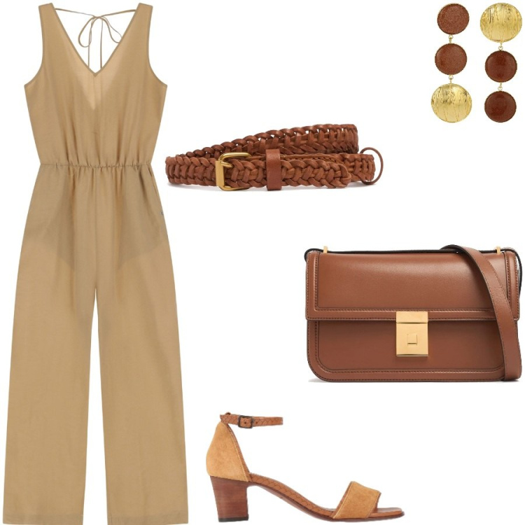 Outfit donna - I colori della terra. Stile Casual chic per Serata fuori. Abbinamento con sandali in pelle, tute, orecchini, cinture, borse a tracolla.