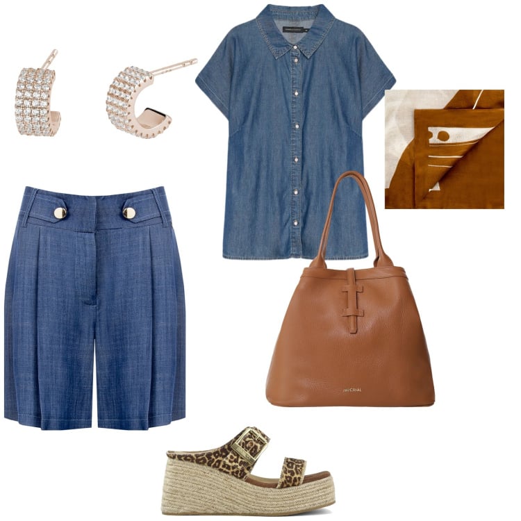 Outfit donna - Al mare. per Mare. Abbinamento con orecchini, bermuda, sciarpe, borse tote, zeppe, camicie a manica corta.