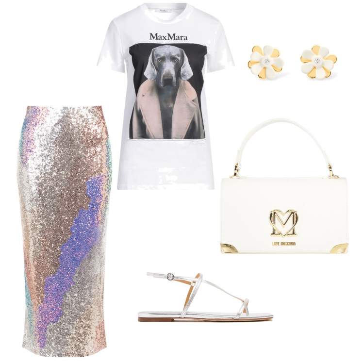 Outfit donna - Invito serale. per Serata fuori. Abbinamento con t-shirt, borse a mano, gonne longuette, orecchini, ciabatte.