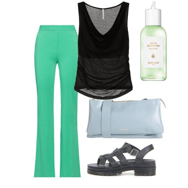 Outfit donna - Menta e nero. Stile Chic per Tutti i giorni. Abbinamento con pantaloni, borse a tracolla, profumi, top, sandali.