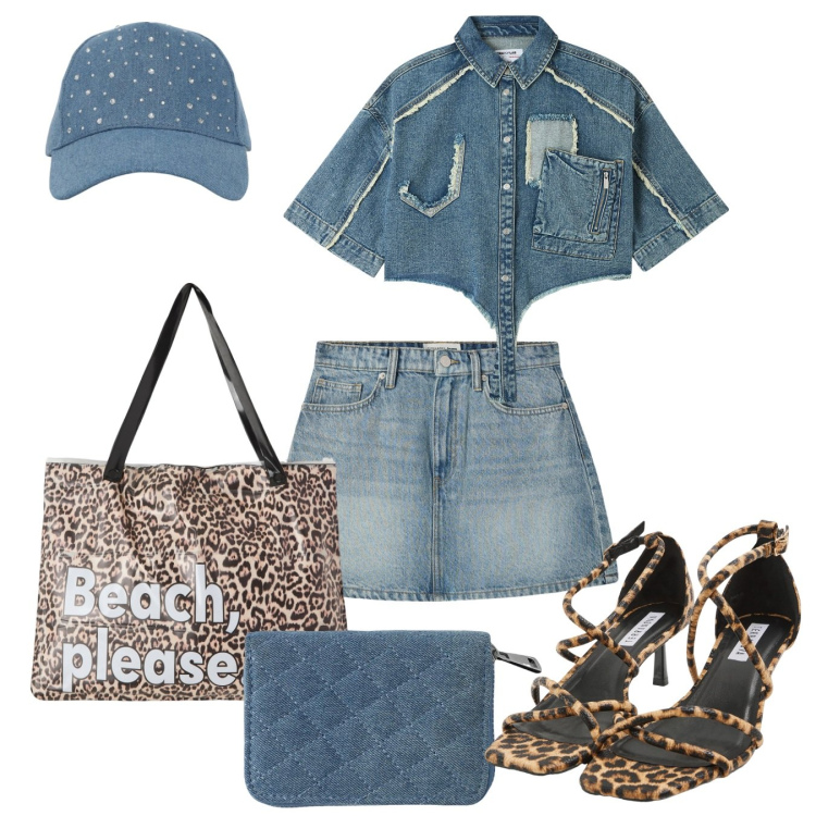 Outfit donna - Jeans e animalier. Stile Rock per Serata fuori. Abbinamento con camicie a manica corta, portafogli, minigonne, cappelli, sandali col tacco, borse tote.