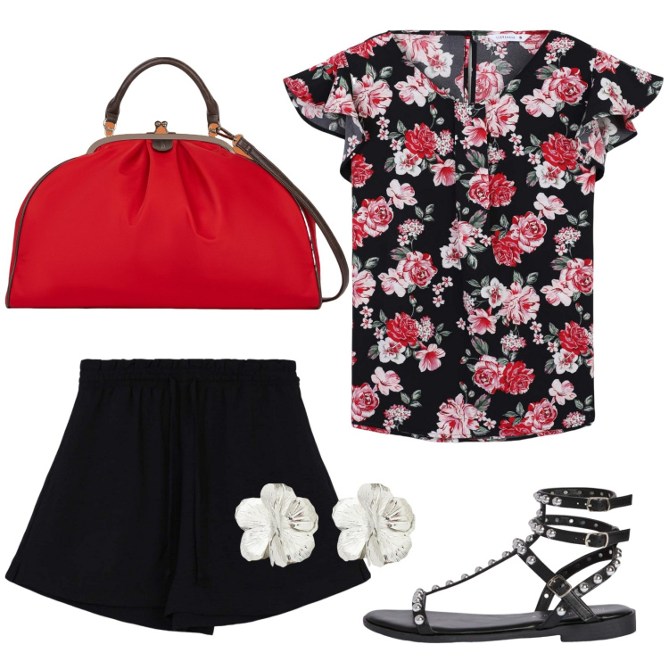 Outfit donna - Fresca di sera. Stile Romantica per Serata fuori. Abbinamento con bluse, shorts, sandali, orecchini, borse a spalla.