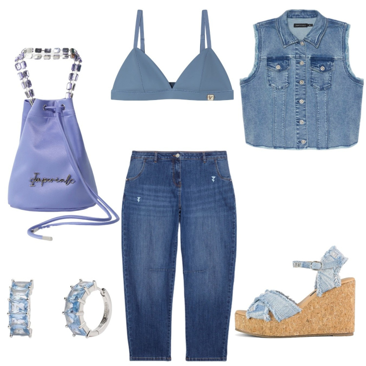 Outfit donna - Denim soft. Stile Casual chic per Tutti i giorni. Abbinamento con orecchini, borse a secchiello, reggiseni, zeppe, jeans strappati, gilet.