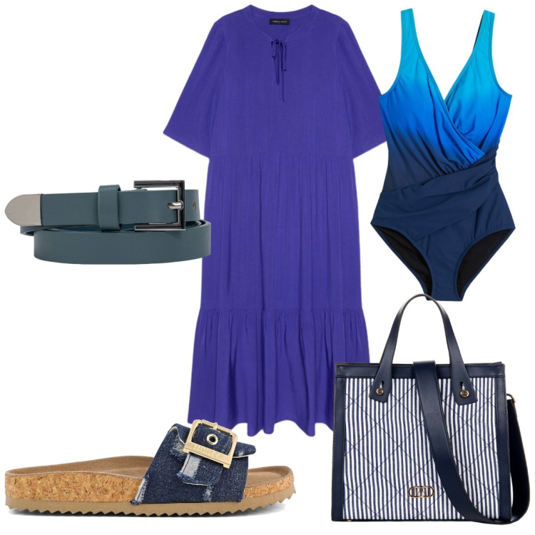 Outfit donna - Total look #2175404. Stile Trendy per Mare. Abbinamento con costumi interi, shopping bag, vestiti lunghi, sandali, cinture.