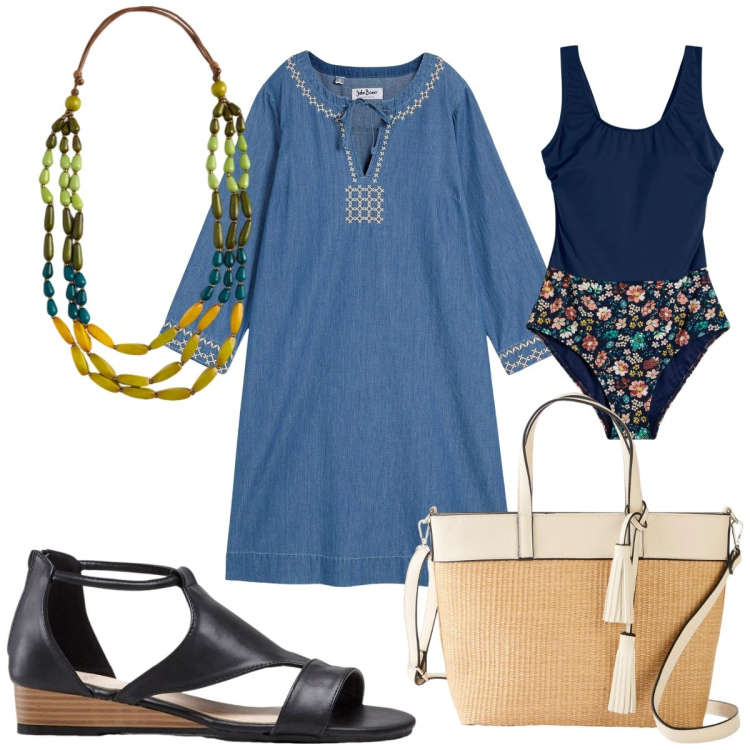 Outfit donna - Total look #2175407. Stile Etnico per Mare. Abbinamento con sandali, vestiti, costumi interi, shopping bag, collane.