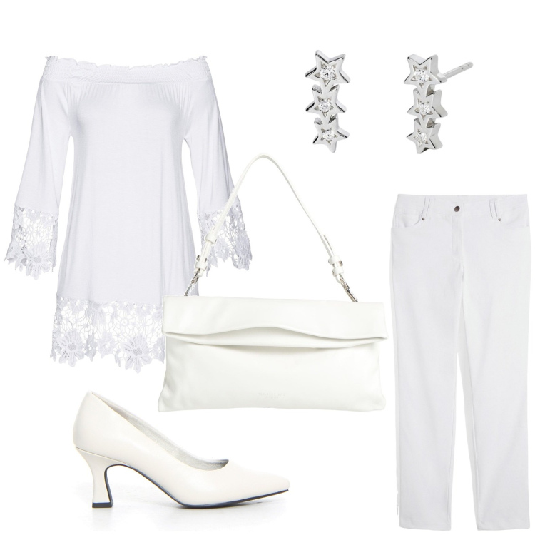 Outfit donna - L\'eleganza del bianco. Stile Glamour per Serata fuori. Abbinamento con pantaloni, tuniche, borse a mano, orecchini, décolleté.