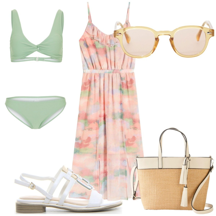 Outfit donna - Total look #2175421. Stile Romantica per Mare. Abbinamento con bikini, vestiti, shopping bag, occhiali da sole, sandali.