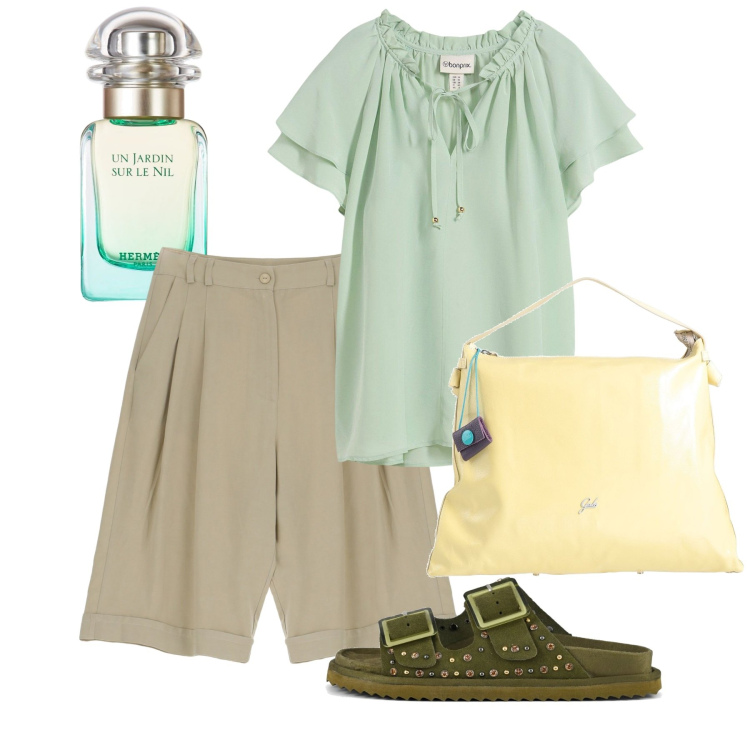 Outfit donna - Pastello. Stile Bon Ton per Tutti i giorni. Abbinamento con tuniche, borse a mano, profumi, bermuda, sandali.