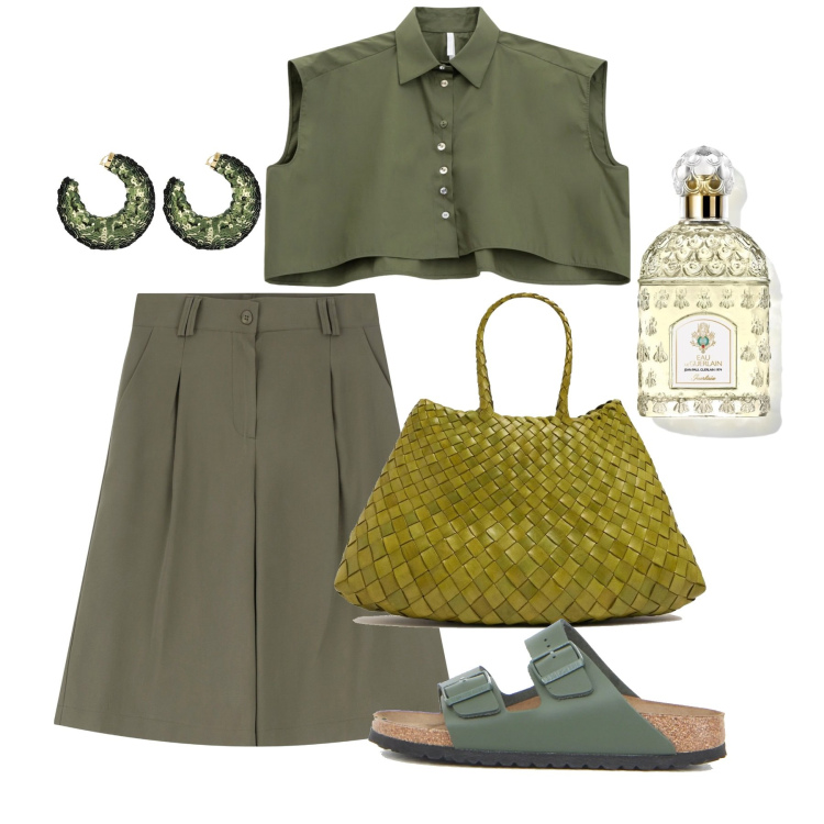 Outfit donna - Bon ton in military. Stile Military per Tutti i giorni. Abbinamento con profumi, pantaloni corti, camicie, ciabatte, orecchini, borse a spalla.