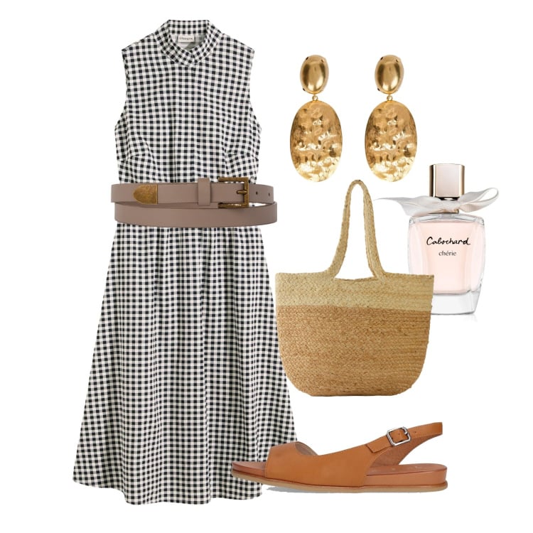 Outfit donna - Mademoiselle. Stile Bon Ton per Tutti i giorni. Abbinamento con vestiti, shopping bag, profumi, cinture, sandali, orecchini.