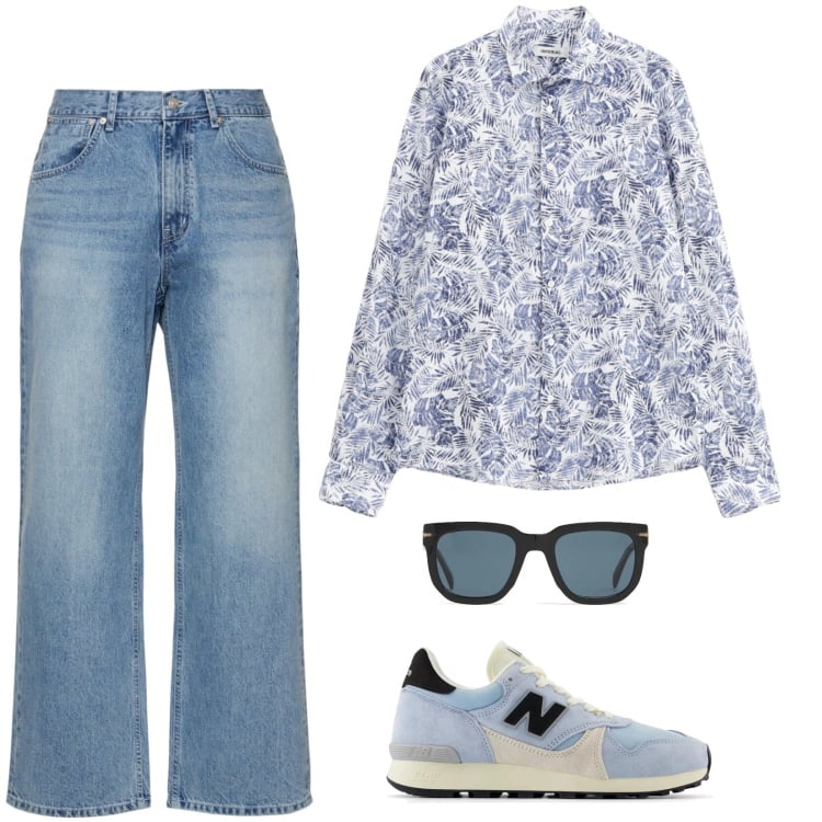 Outfit uomo - In azzurro. Stile Casual per Tutti i giorni. Abbinamento con sneakers, camicie, occhiali da sole, jeans.