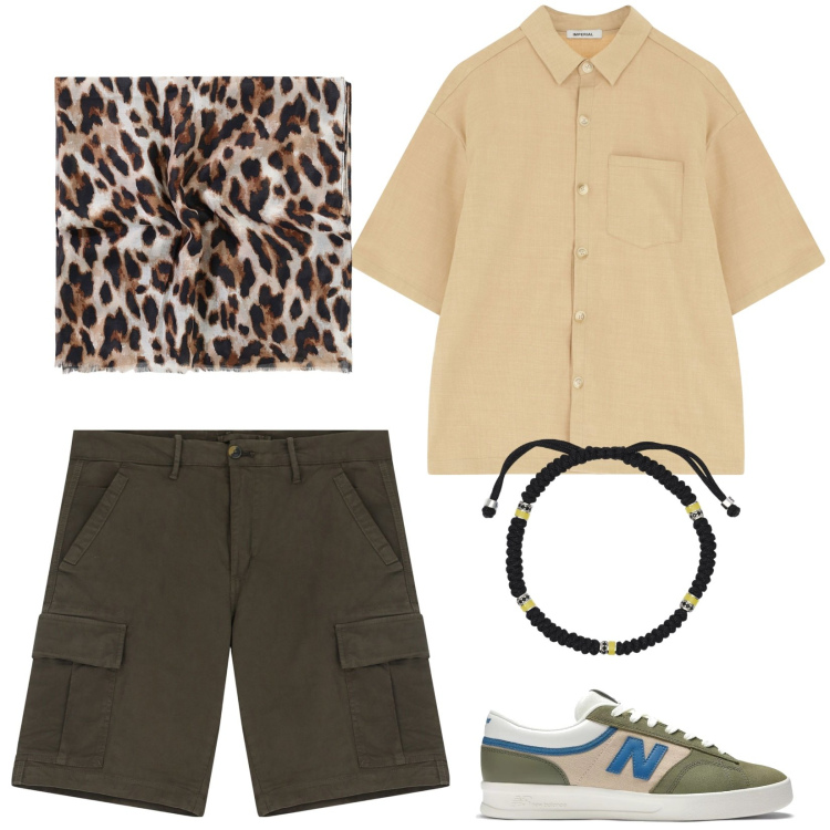 Outfit uomo - Safari. Stile Casual per Tutti i giorni. Abbinamento con braccialetti, sneakers, camicie a manica corta, bermuda, sciarpe e foulard.