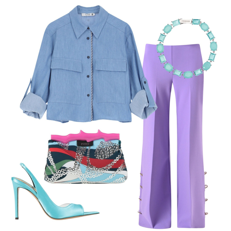 Outfit donna - Elegante denim. Stile Casual chic per Tutti i giorni. Abbinamento con borse a mano, sandali col tacco, pantaloni a palazzo, camicie, braccialetti.