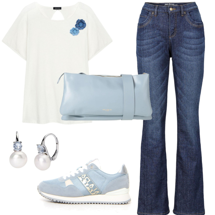 Outfit donna - Tempo libero. Stile Casual per Tutti i giorni. Abbinamento con jeans bootcut, borse a tracolla, orecchini, t-shirt, sneakers.