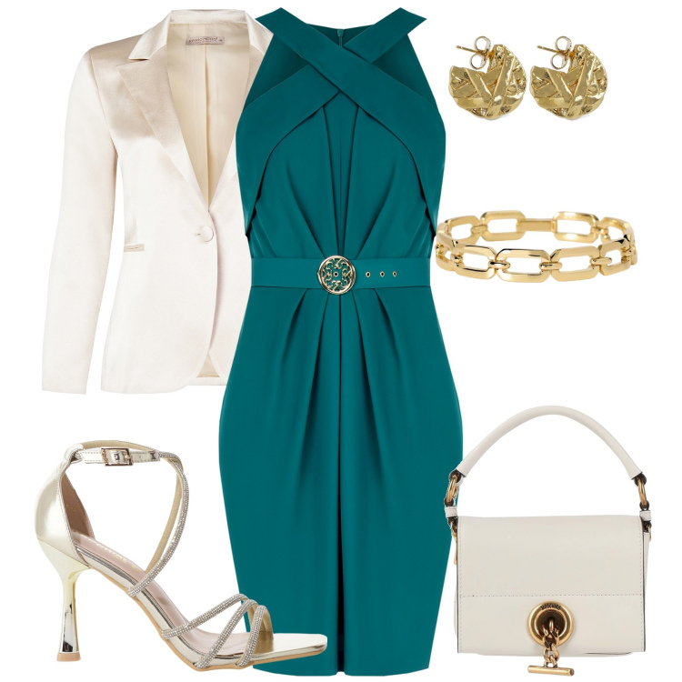 Outfit donna - Tempo di matrimoni. Stile Chic per Cerimonia. Abbinamento con borse a mano, sandali col tacco, braccialetti, vestiti a tubino, blazer, orecchini.