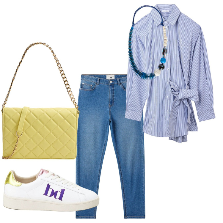 Outfit donna - Denim soft. Stile Casual per Tutti i giorni. Abbinamento con jeans skinny, vestiti chemisier, borse a tracolla, sneakers, collane.