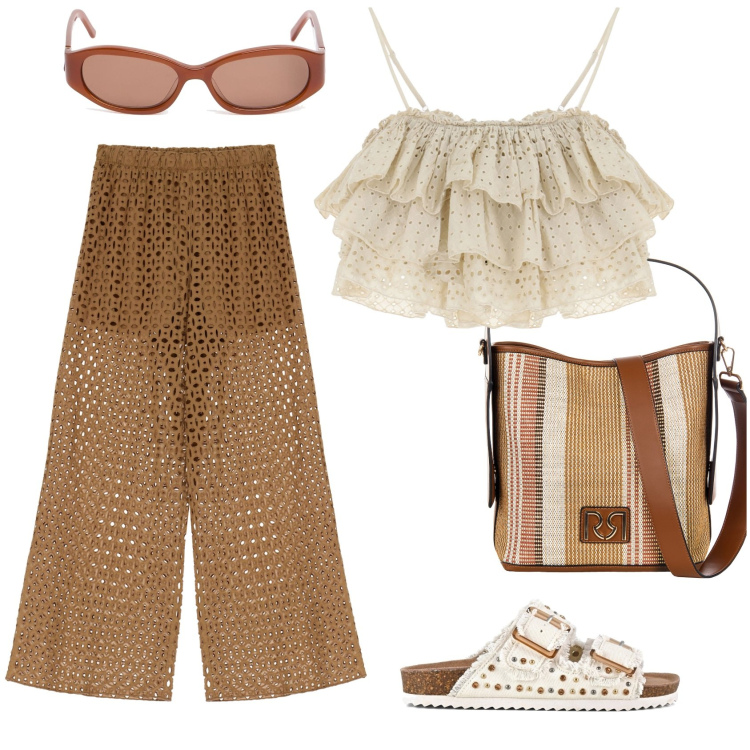 Outfit donna - Portami al mare. Stile Glamour per Mare. Abbinamento con borse a secchiello, pantaloni a palazzo, top, sandali, occhiali da sole.