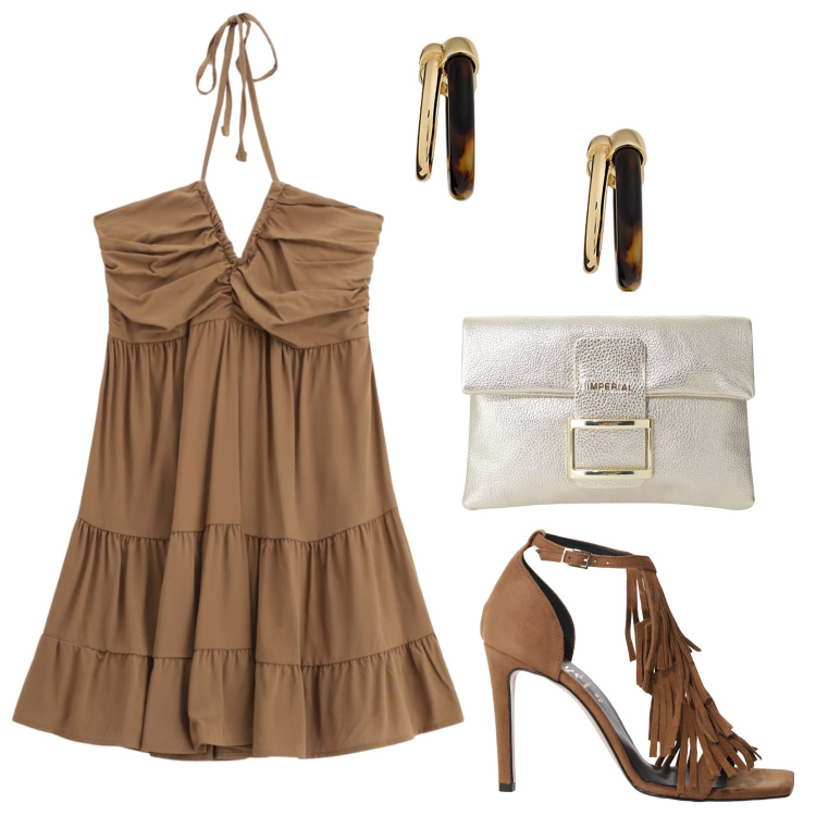 Outfit donna - Abito corto color caffè. Stile Glamour per Serata fuori. Abbinamento con vestiti corti, pochette, décolleté, orecchini.