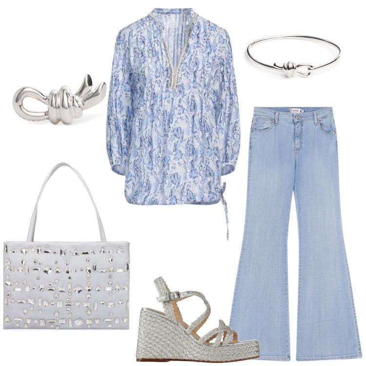 Outfit donna - Riflessi argento. Stile 70s per Tutti i giorni. Abbinamento con top, espadrillas, jeans a zampa, borse a spalla, orecchini, braccialetti.
