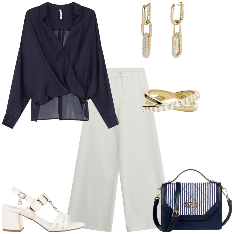 Outfit donna - Bon ton cerimonia evento serata. Stile Bon Ton per Serata fuori. Abbinamento con sandali col tacco, borse a mano, orecchini, anelli, bluse, pantaloni.