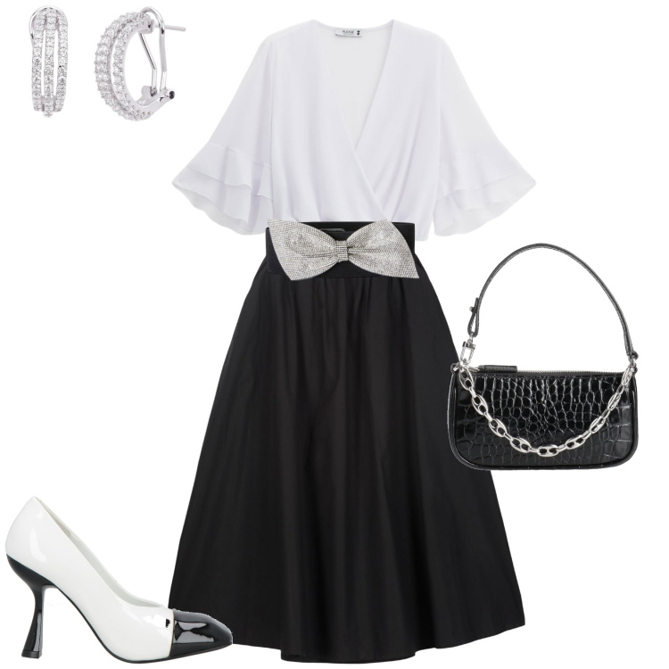 Outfit donna - Bon ton evento serata. Stile Bon Ton per Serata fuori. Abbinamento con borse a mano, décolleté, orecchini, top, cinture, gonne lunghe.