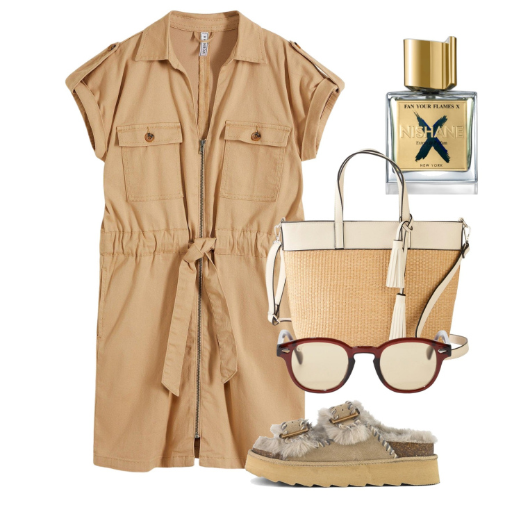 Outfit donna - Safari in città. Stile Casual chic per Tutti i giorni. Abbinamento con vestiti, shopping bag, profumi, occhiali da sole, sandali.