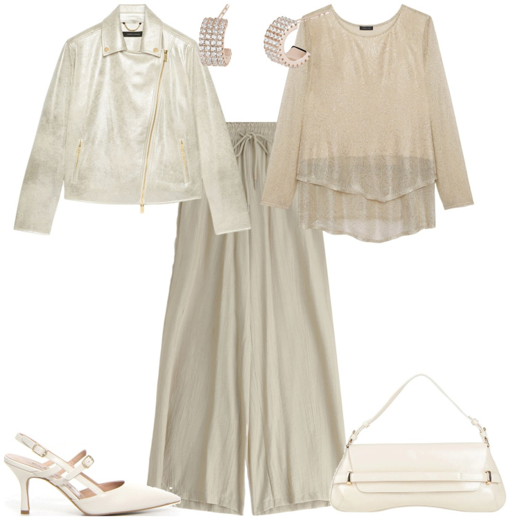 Outfit donna - evento serata. Stile Glamour per Serata fuori. Abbinamento con borse a mano, orecchini, pantaloni, t-shirt, décolleté, blazer.