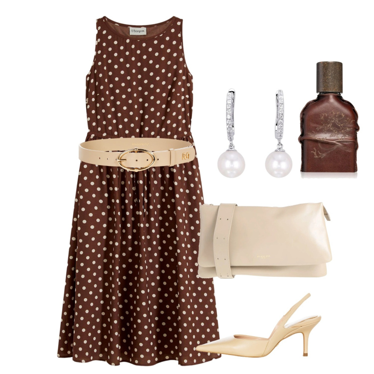 Outfit donna - Pois chic. Stile Chic per Cerimonia. Abbinamento con vestiti midi/longuette, borse a tracolla, profumi, orecchini, cinture, décolleté.