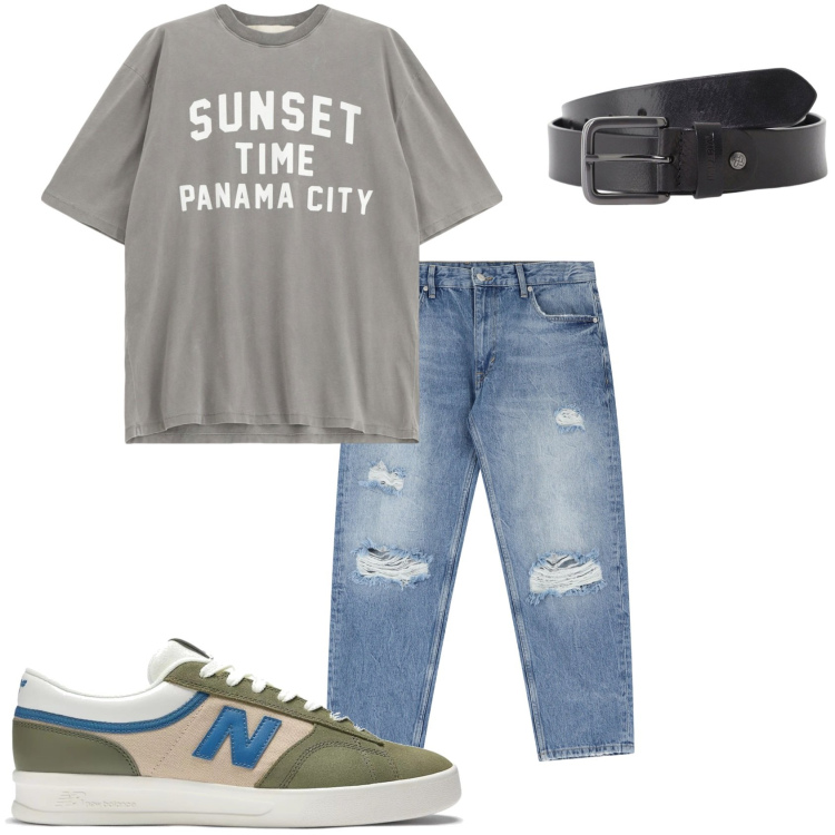 Outfit uomo - Aperitivo insieme. Stile Casual per Tutti i giorni. Abbinamento con sneakers, jeans strappati, cinture, t-shirt.