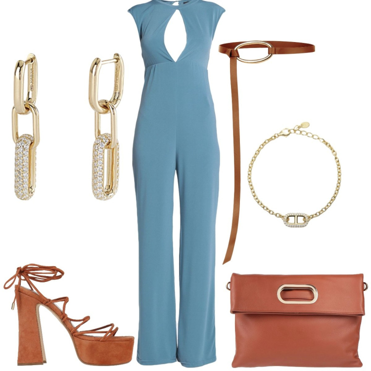 Outfit donna - La tuta avion. Stile 70s per Tutti i giorni. Abbinamento con sandali in pelle, tute, borse a mano, orecchini, braccialetti, cinture.